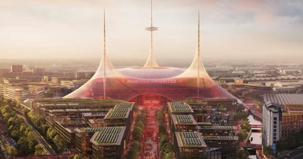 A computer generated conceptual image provided by architects Foster + Partners of what the new Manchester United stadium and surrounding area could look like.