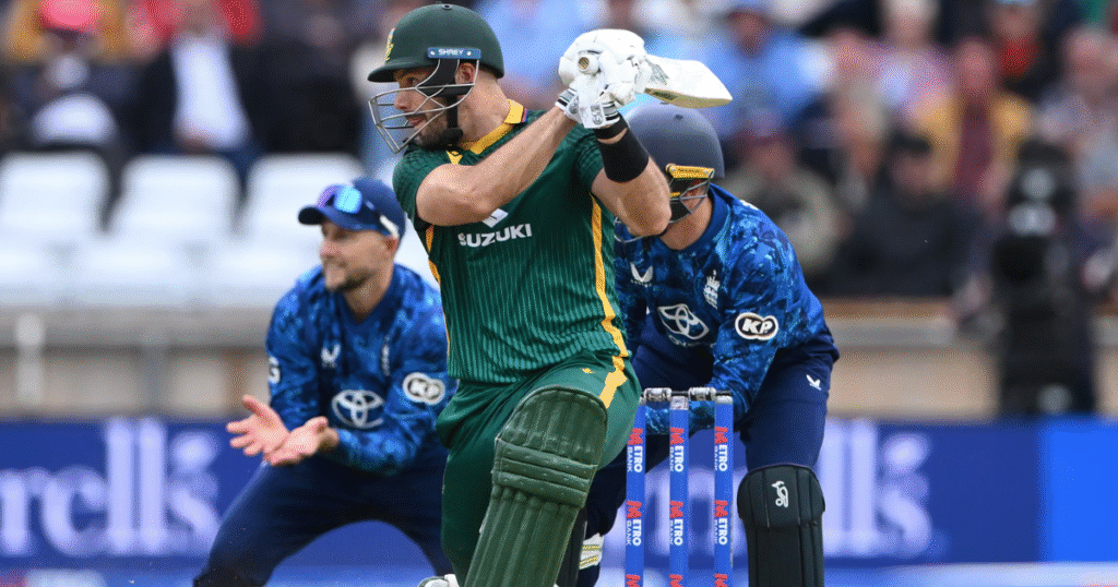South Africa batsman Aiden Markram hits out on his way to a quickfire 86 from 55 balls. Photograph: Stu Forster/Getty Images